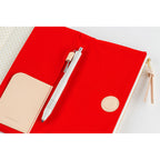 Red cover with magnetic snap button and pen storage use case