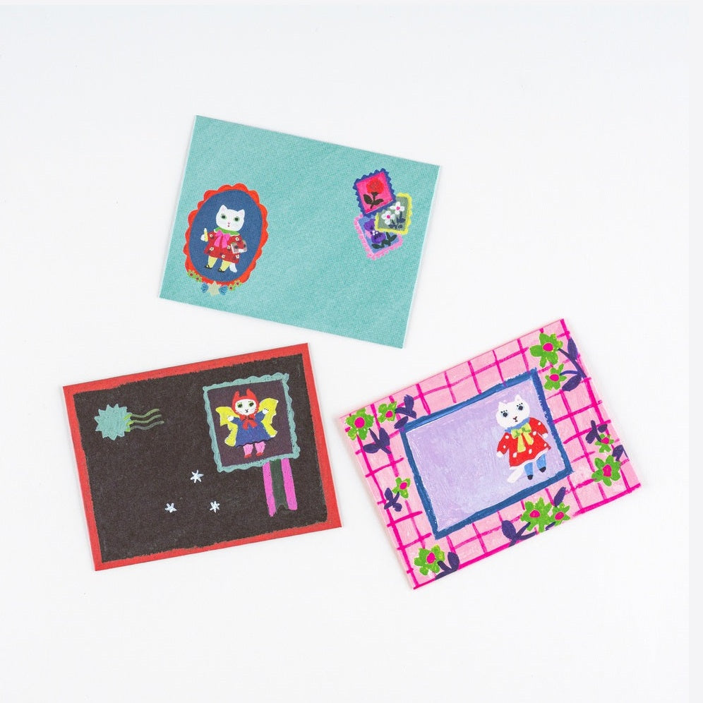 Mini letter cards from Hobonichi Techo Yumi Kitagishi White Cat series with stamp-style stickers and doll design