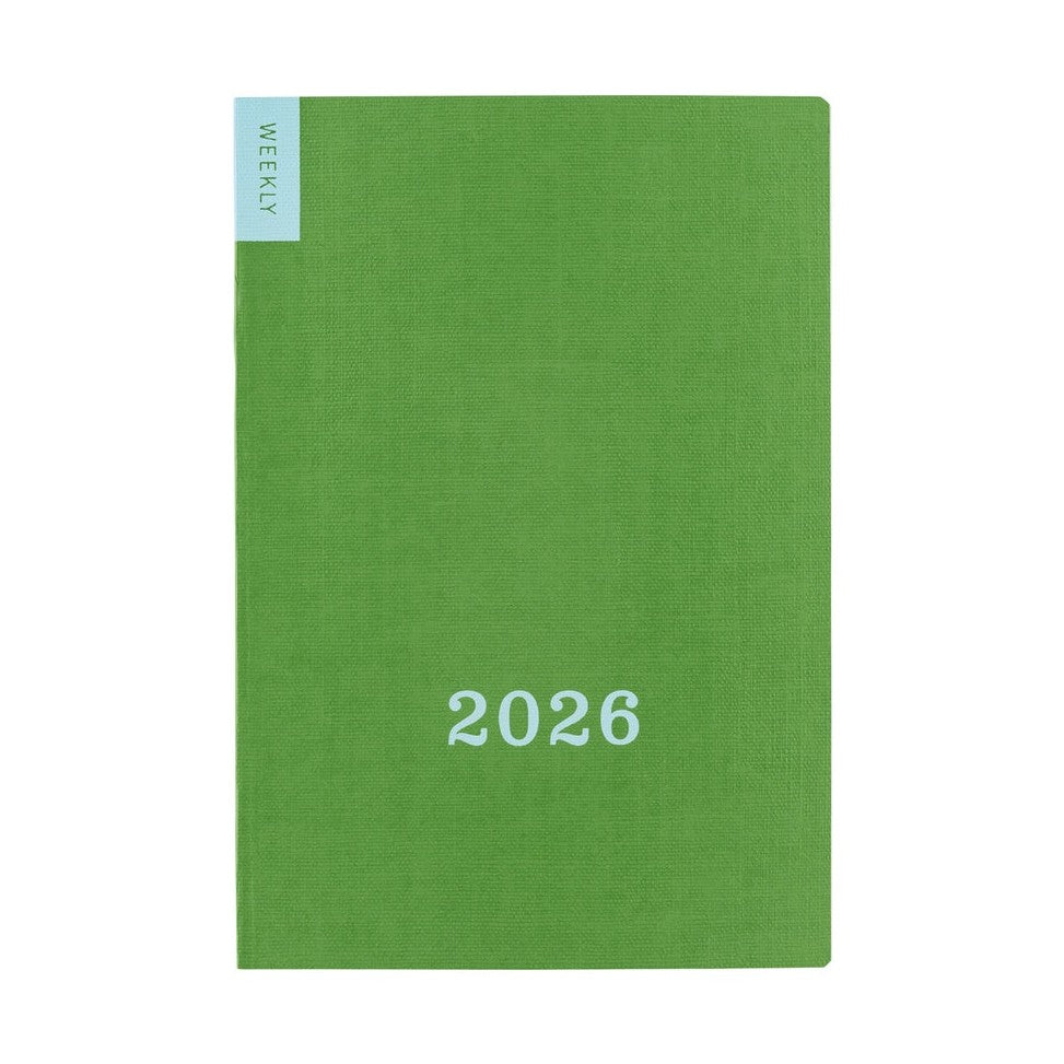 Green textured cover of Hobonichi Weekly 2026 pocket calendar with white text