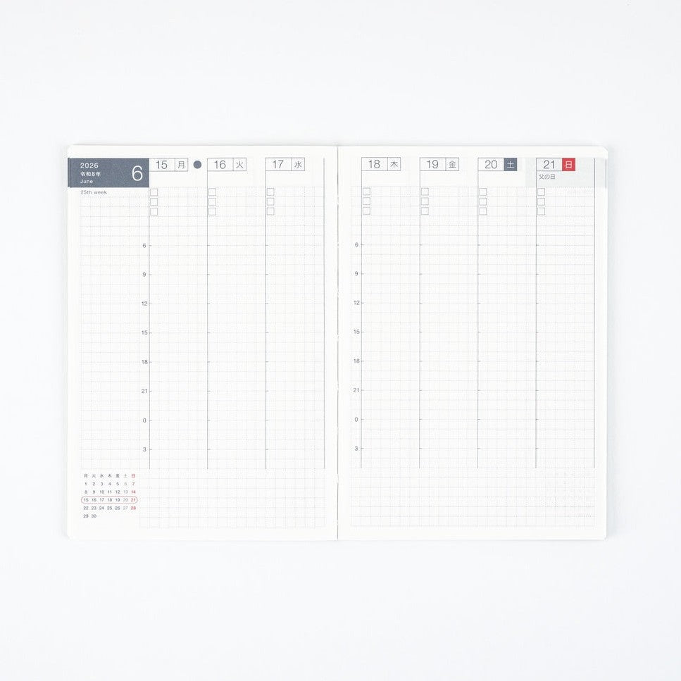 Hobonichi Weekly Calendar 2026 open spread with 24-hour timeline and checkboxes