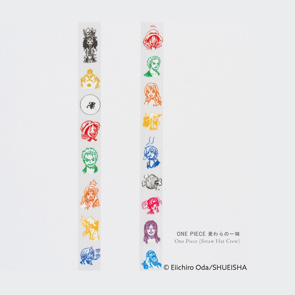 Ten One Piece Straw Hat Crew character designs on translucent Hobonichi Deco Rush washi tape samples