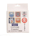Ikehiko Igusa rush grass coaster set of 5 in Japanese retail packaging with Mount Fuji and lucky cat designs