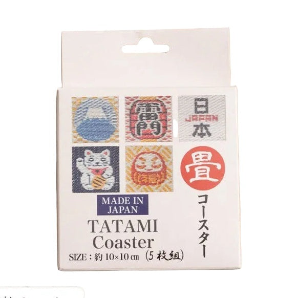 Ikehiko Igusa rush grass coaster set of 5 in Japanese retail packaging with Mount Fuji and lucky cat designs