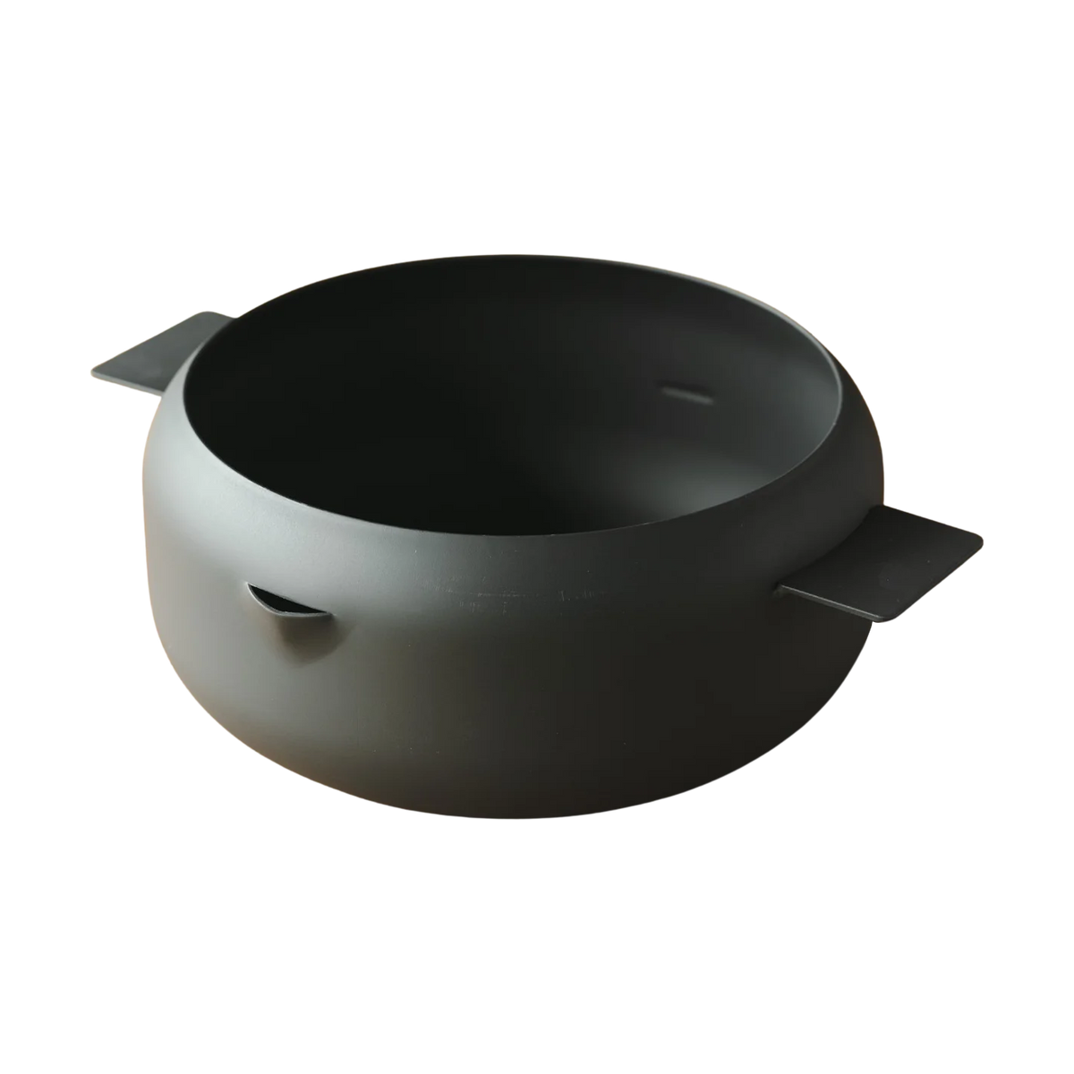 Black round iron deep frying pot with matte finish and side handles