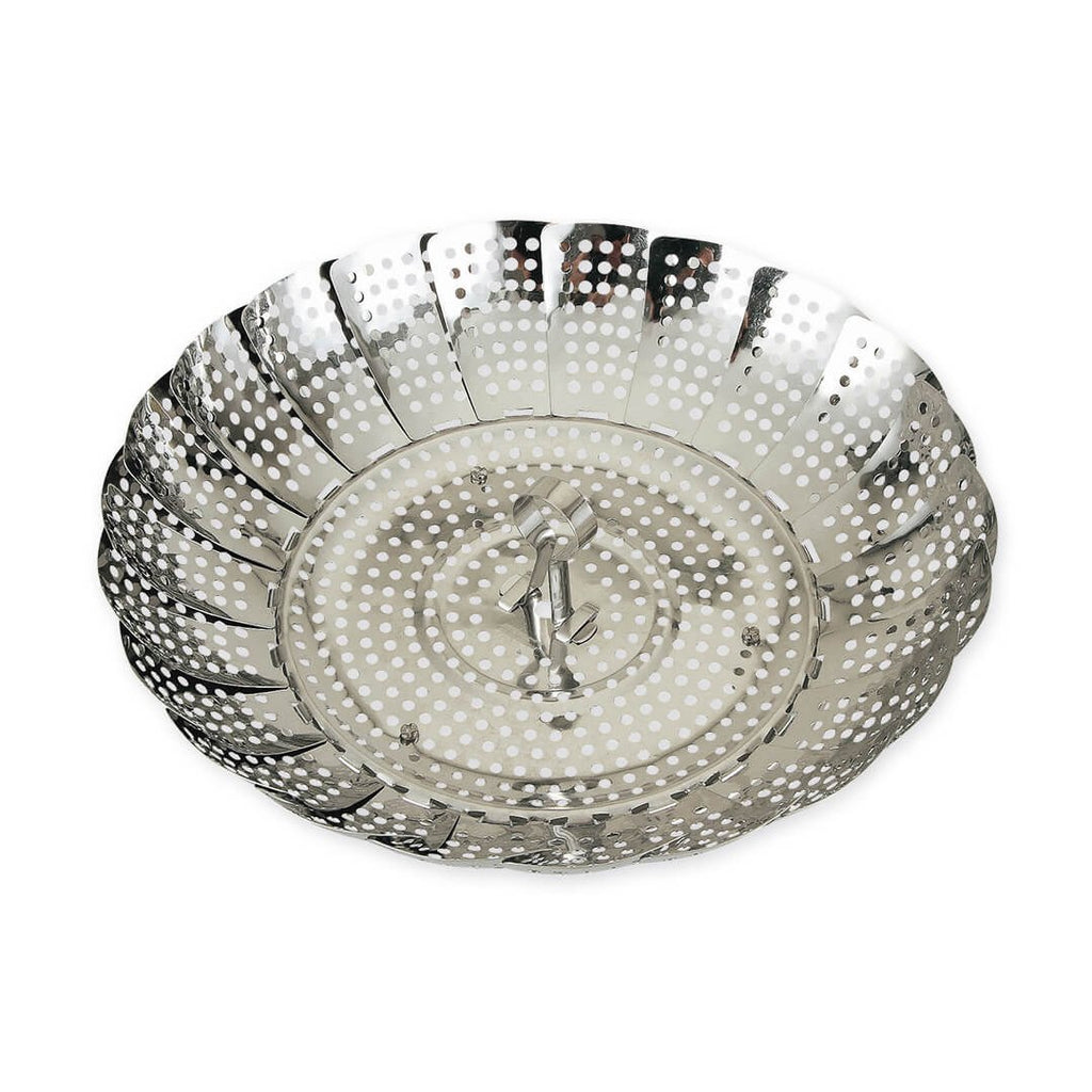 Expanded Kai Kitchen adjustable stainless steel steamer plate with perforated wings on white background
