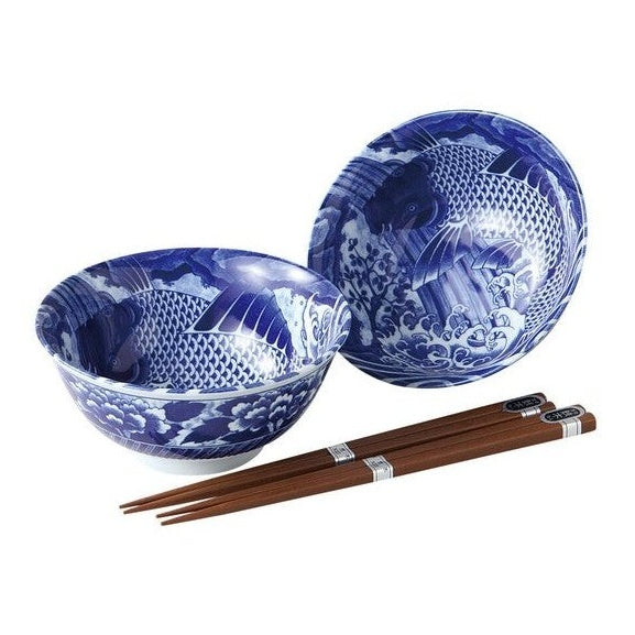 Kanase Blue Koi Donburi Bowl Pair Set