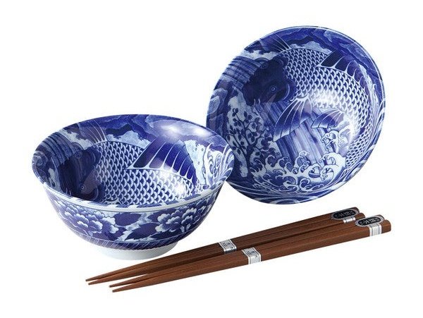 Kanase Blue Koi Donburi Bowl Pair Set