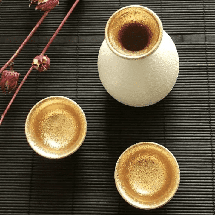 Kanase White-Gold Glaze Japanese Sake Set 3P