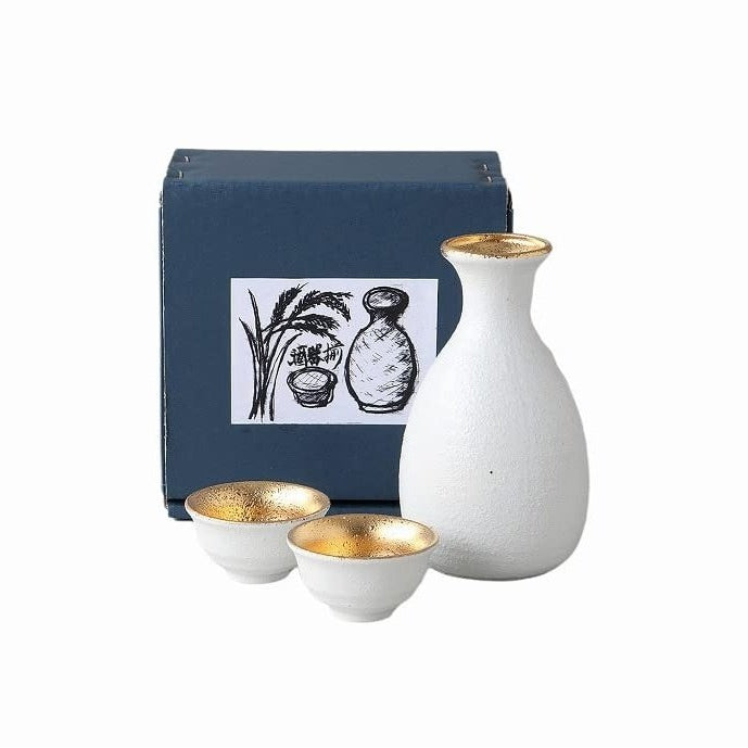 Kanase White-Gold Glaze Japanese Sake Set 3P