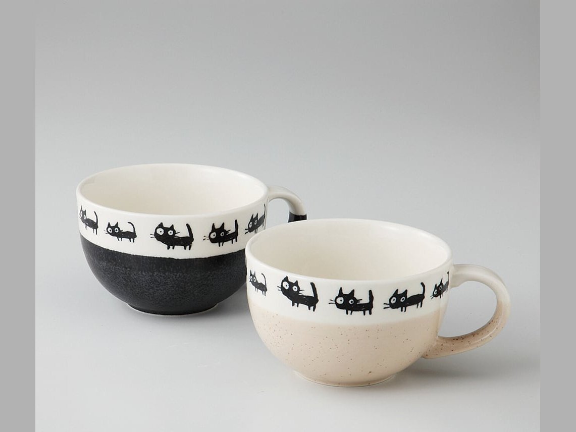 Kanese Black Cat Soup Mug 2pc Set
