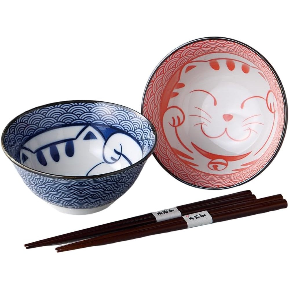 Kanese Blue Wave Cat Bowl Pair Set