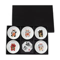 Kanese Minoyaki Maneki-neko small plate set in black gift box with Japanese calligraphy