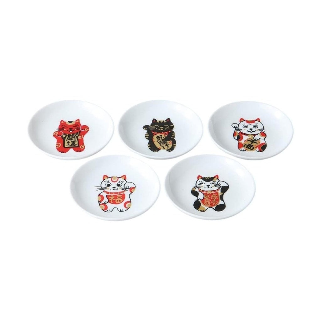 Kanese Minoyaki Maneki-neko small plate set with five colorful beckoning cat designs