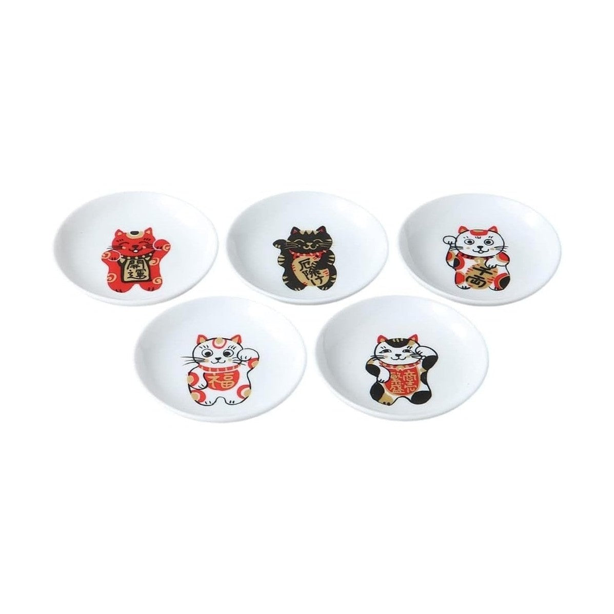 Kanese Minoyaki Maneki-neko small plate set with five colorful beckoning cat designs