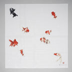 White cotton Kashiko goldfish furoshiki with red and black ink design