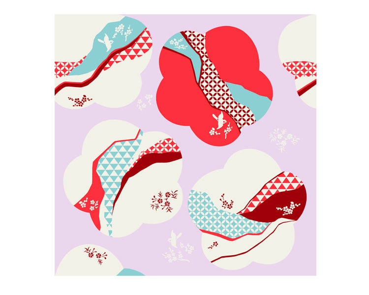 Kashiko Ume Docho Pink Furoshiki flat-lay showing abstract cloud and Asanoha geometric pattern design