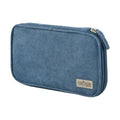 Beige corduroy Kokuyo Pancase open with stationery organized in dual compartments alongside yellow blue and gray cases