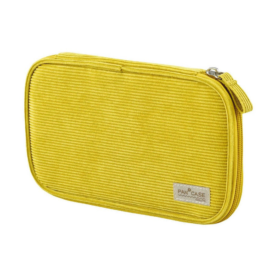 Closed mustard yellow ribbed corduroy Kokuyo Pancase with silver zipper and KOKUYO label
