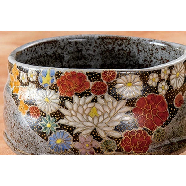 Kutaniyaki Floral Hana Tsume Matcha Bowl