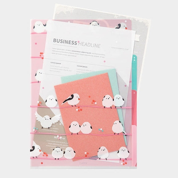 Midori 3-Pocket A4 File - Long-Tailed Tit Bird