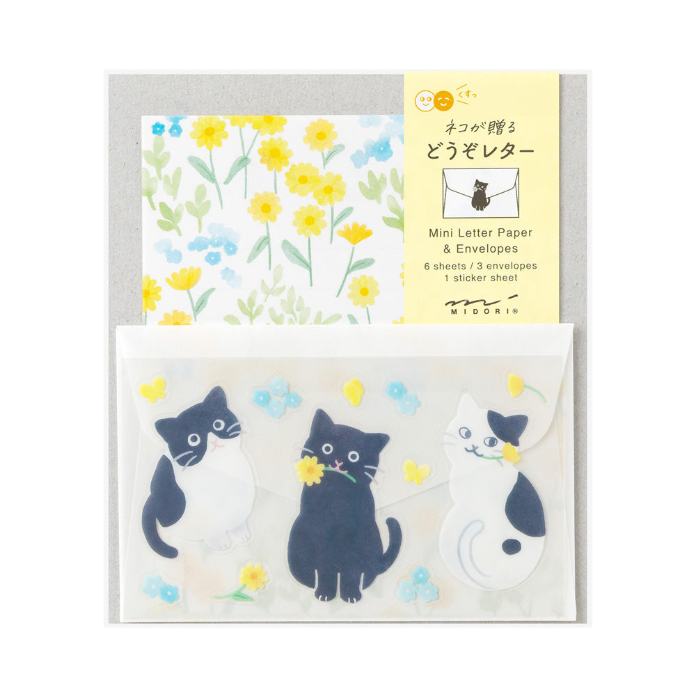 Midori Douzo Mini Letter Set with floral paper and cat sealing stickers