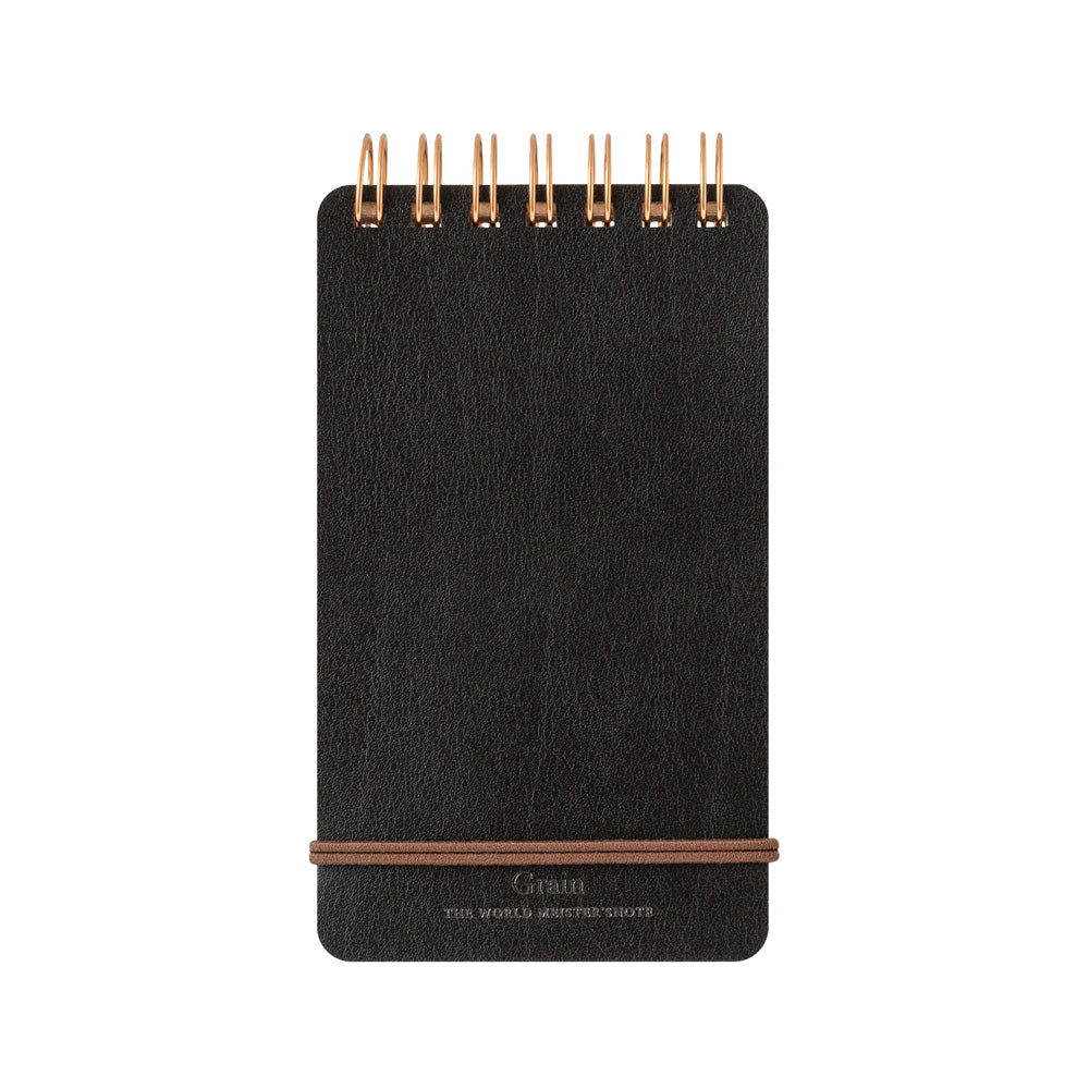 Black Midori Grain Leather Notepad with brown elastic closure and wire binding