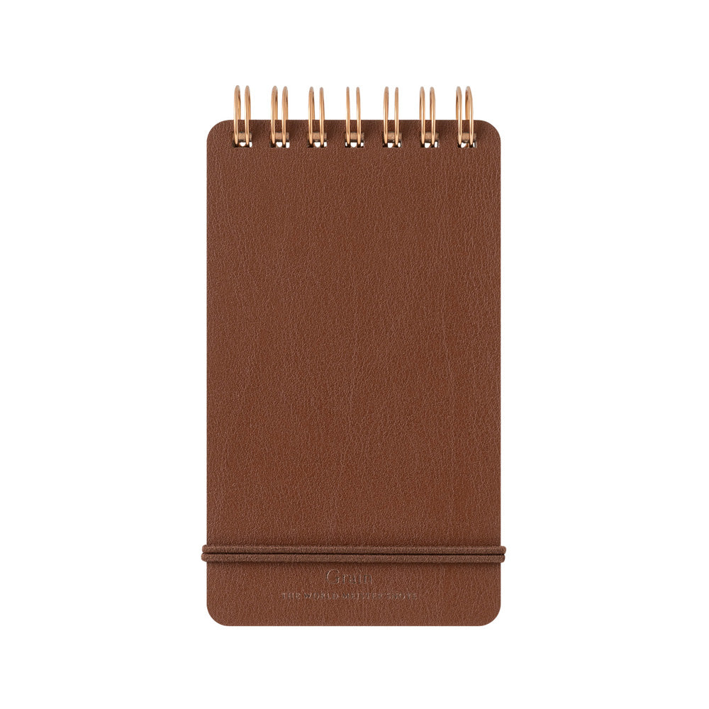 Brown Midori Grain Leather Notepad with rose gold binding and elastic closure