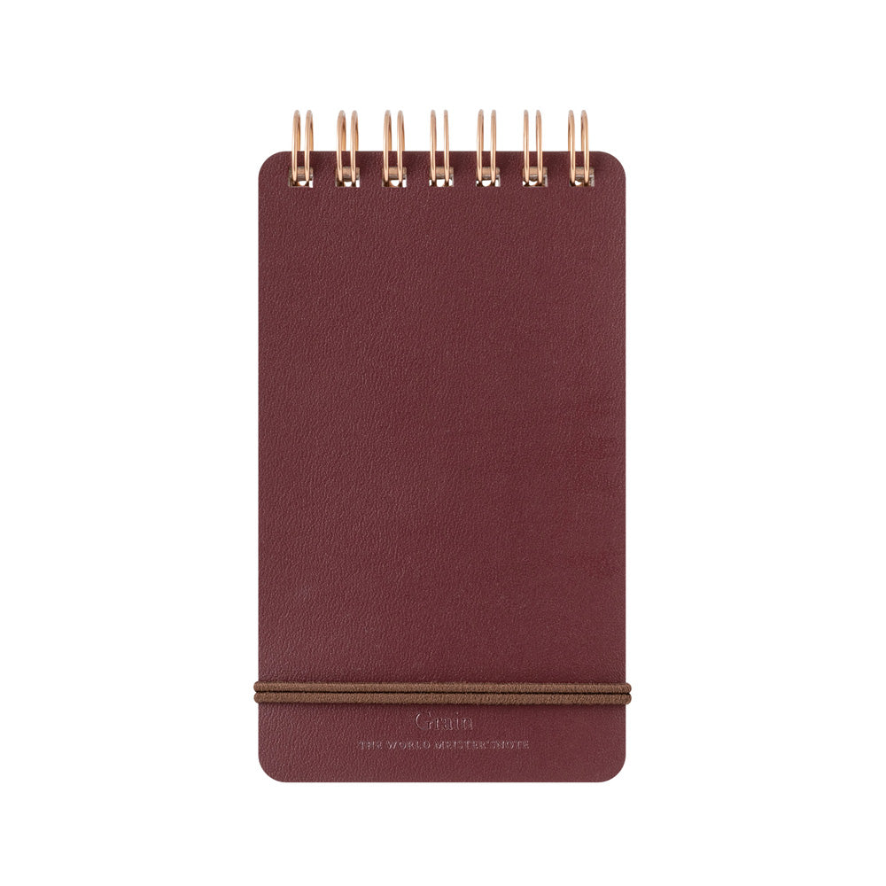 Burgundy Midori Grain Leather Notepad featuring tan elastic band and textured cover