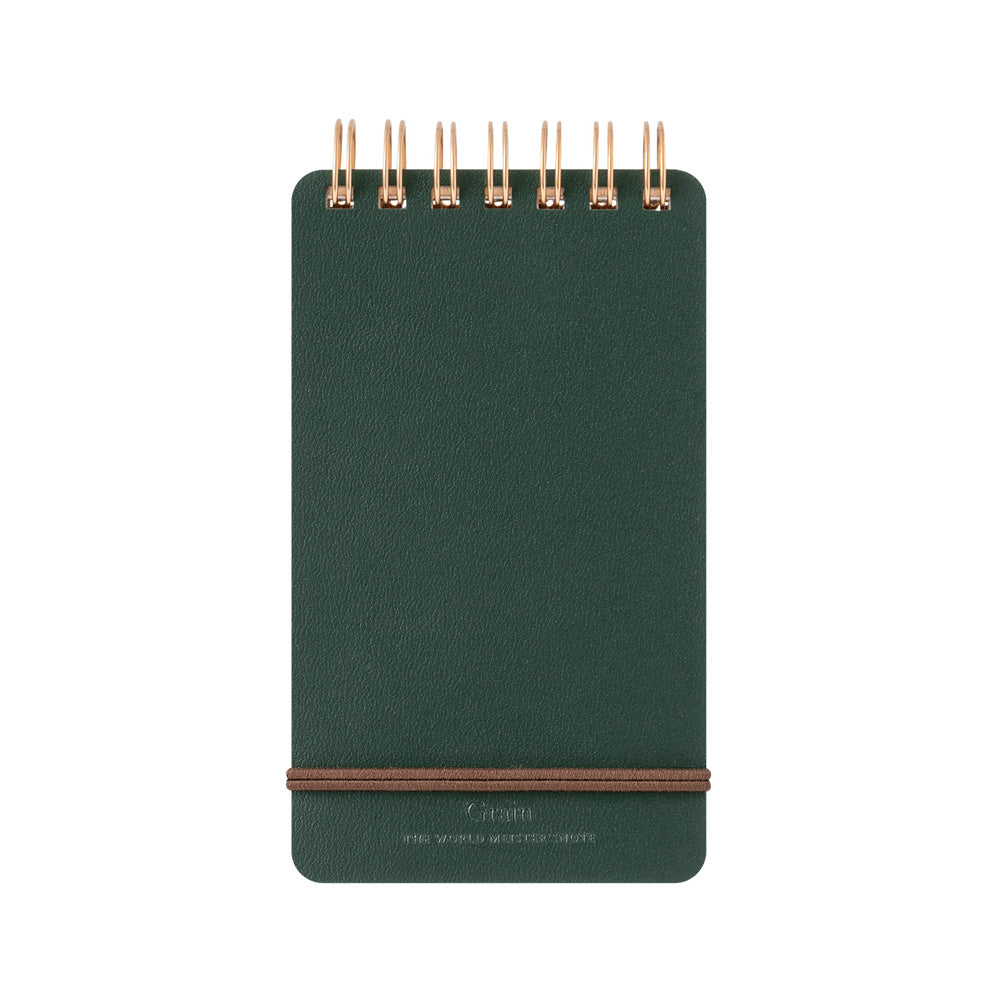 Dark green Midori Grain Leather Notepad with twin-loop binding and elastic strap