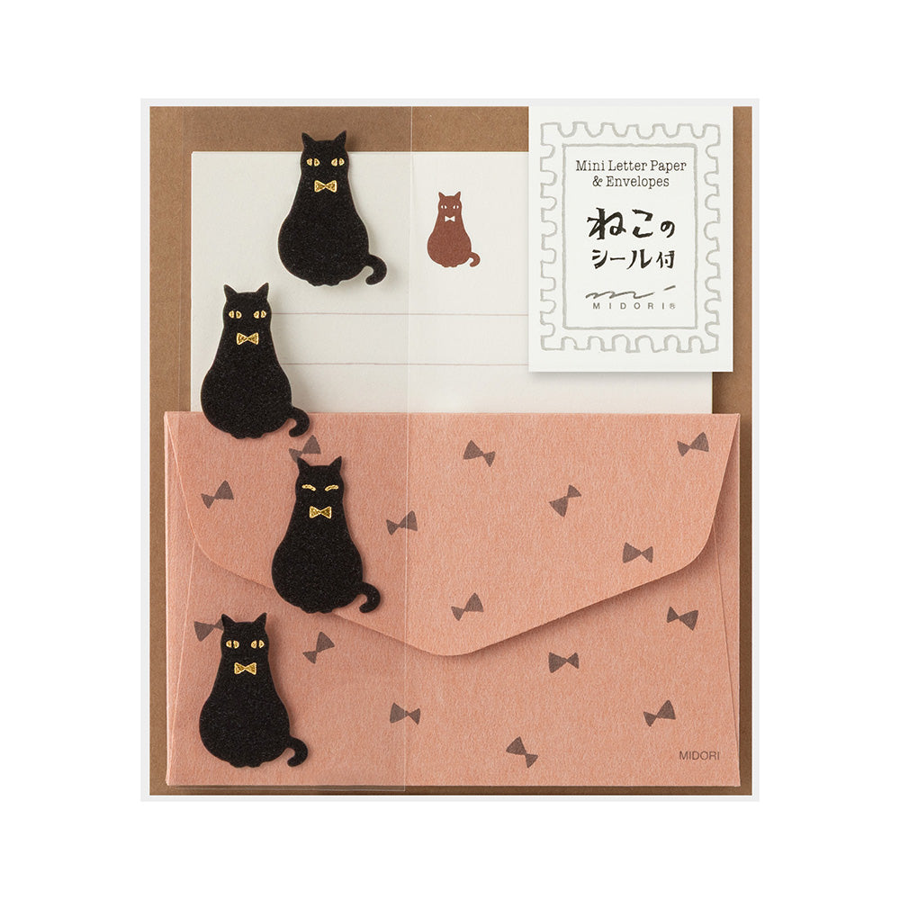 Midori Mini Letter Set with flocked black cat stickers and dusty pink bow envelope