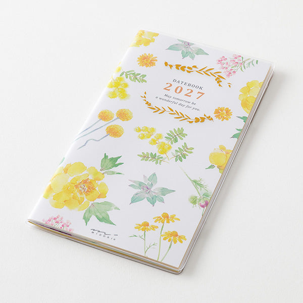 Midori B6 Slim Country Time Flower 2027 diary with gold foil cover and watercolor yellow peony design
