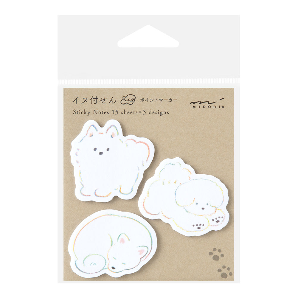 Midori Point Marker Sticky Notes - White Dog - 15 Sheets x 3 Designs