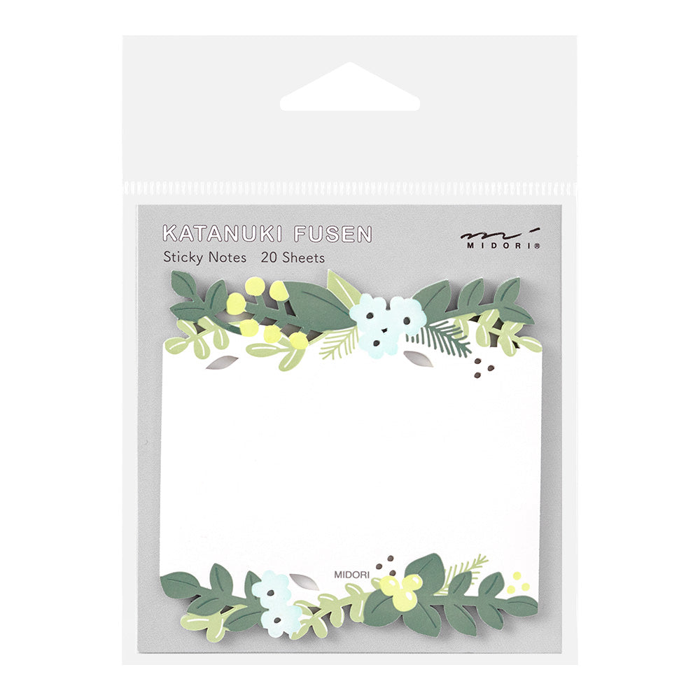 Midori die-cut leaf sticky notes with botanical green leaves and blue flowers on white paper