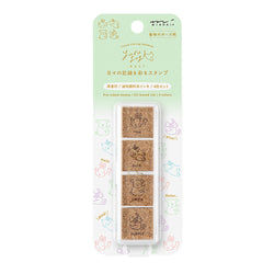 Midori Yuru Log pre-inked stamp set with four animal pose designs in pink, blue, green, and purple