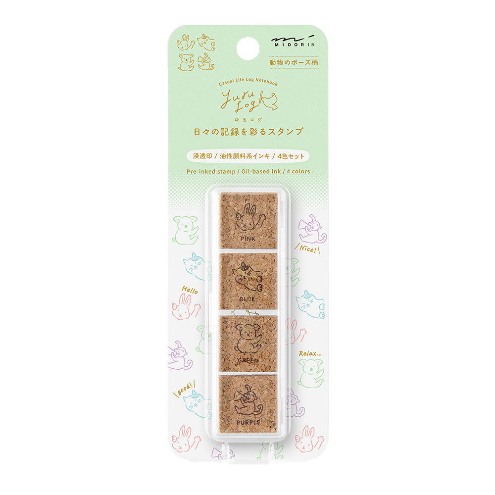 Midori Yuru Log pre-inked stamp set with four animal pose designs in pink, blue, green, and purple
