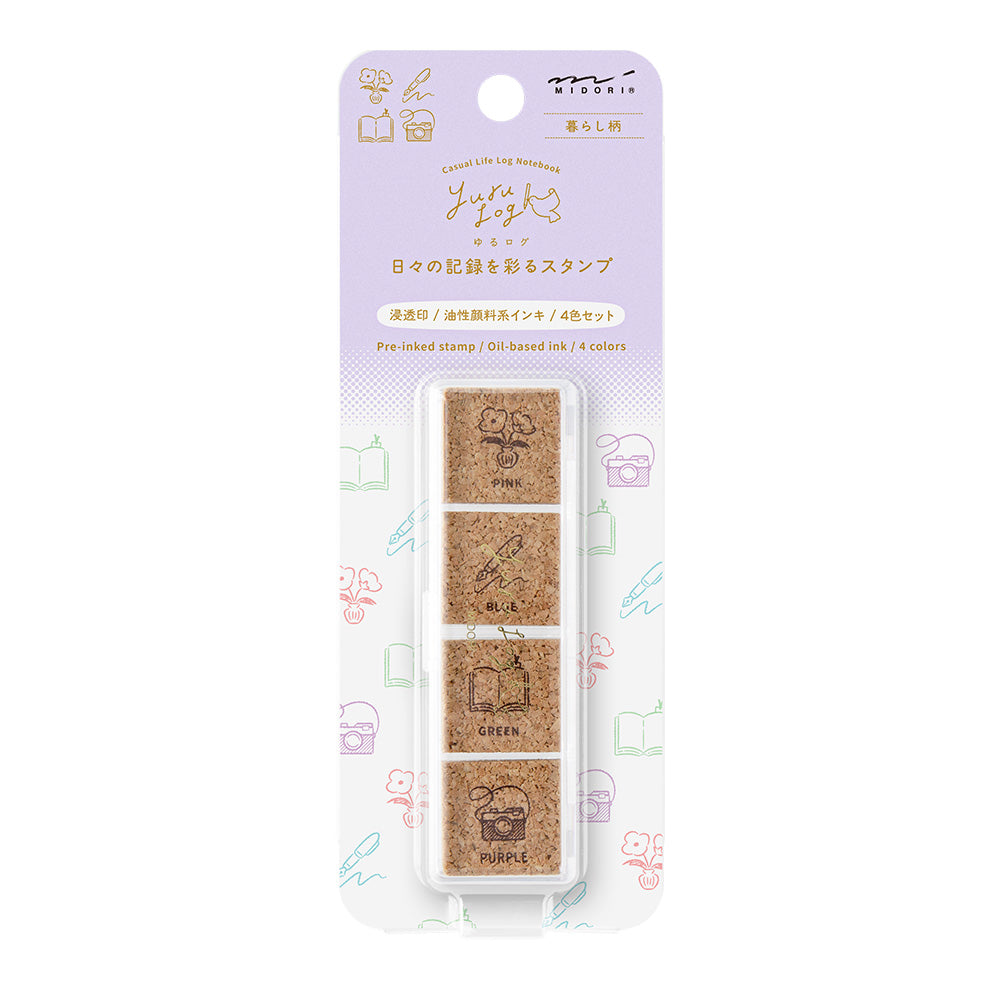 Midori Yuru Log pre-inked stamp set with flower, pen, book, and camera designs in pink, blue, green, and purple