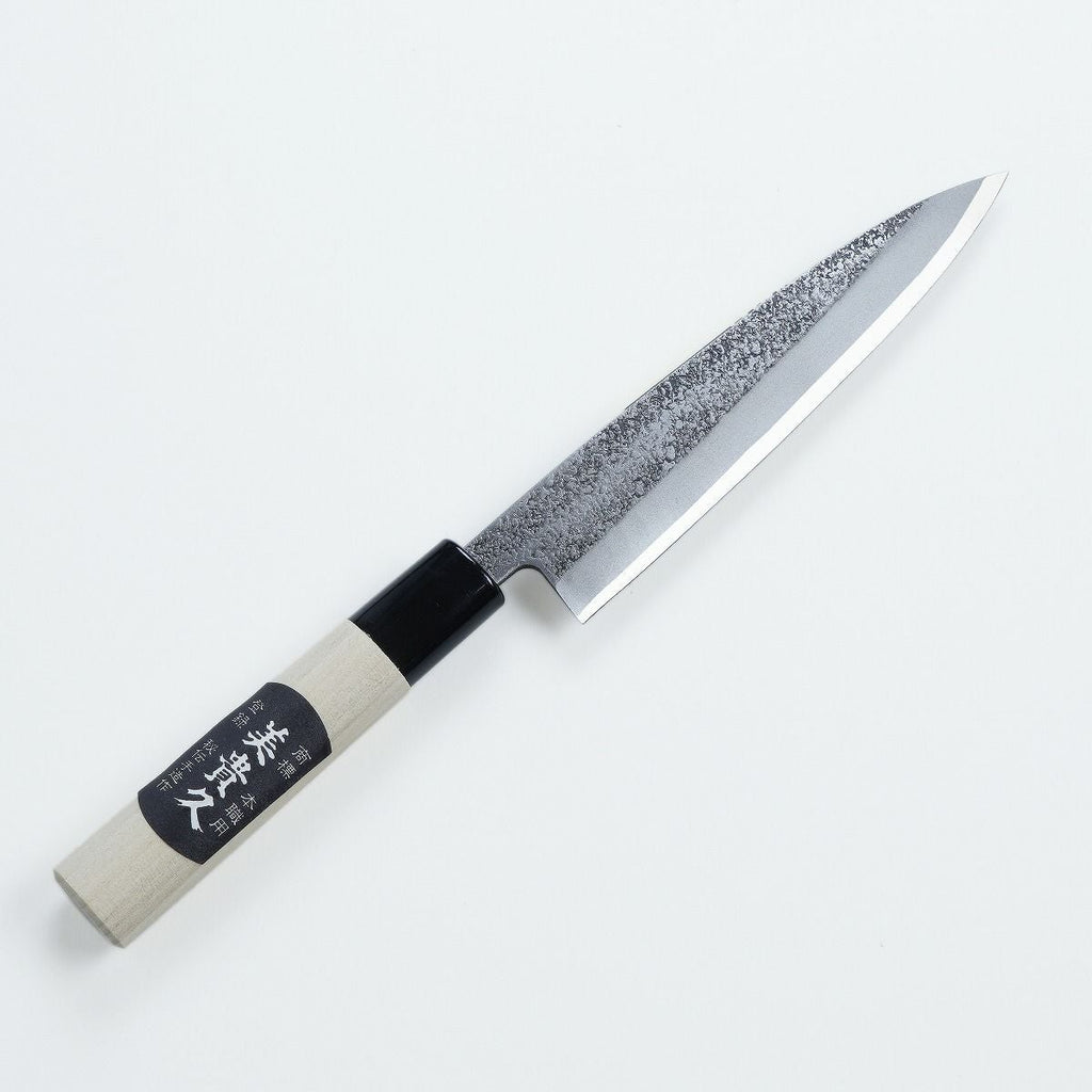 Mikihisa knife showing tsuchime blade texture and labeled wooden handle