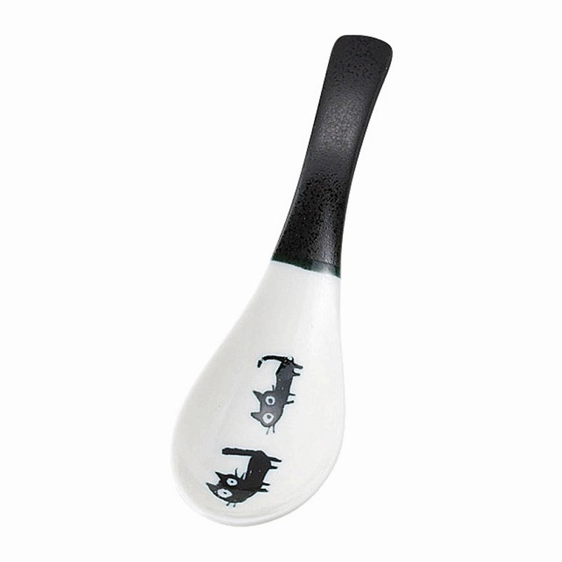 Black Cat renge spoon with glossy black handle and cat illustration