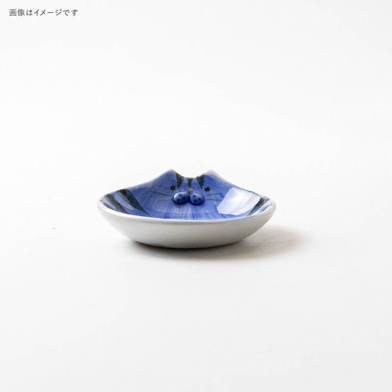 Blue tabby cat-eared ceramic mini plate with dark stripes
