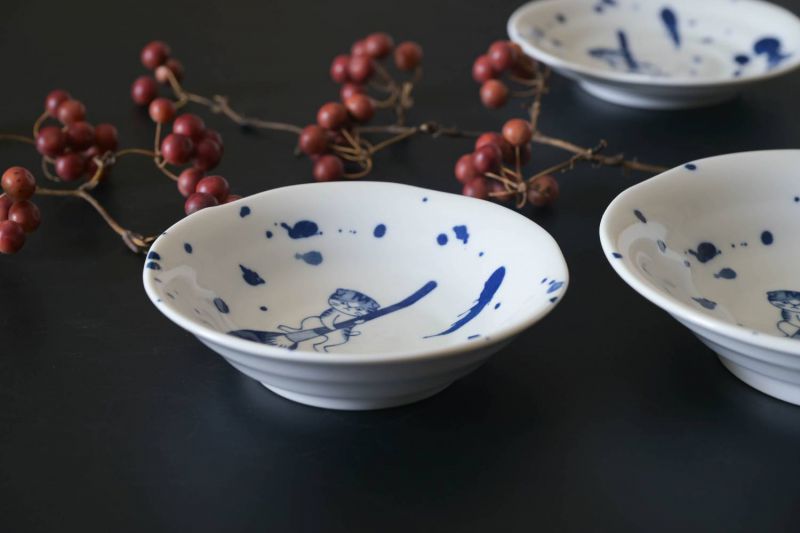 Minoru Someneko Cat Shallow Bowl 16.5D Fukizumi