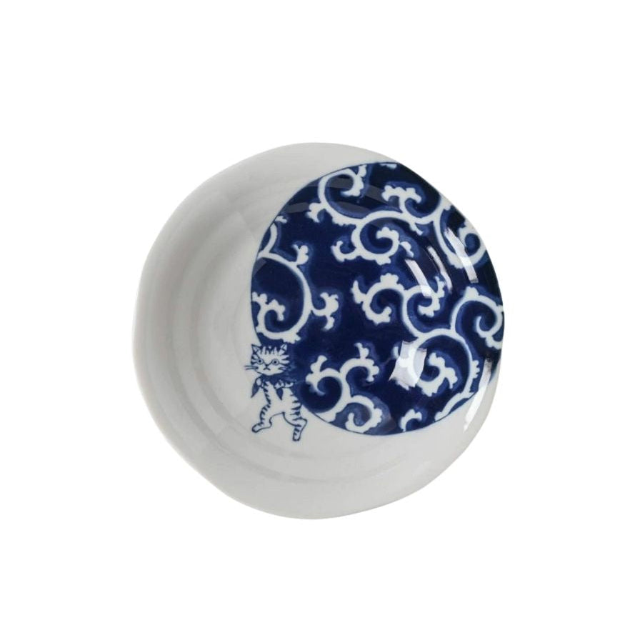 Minoru Someneko Cat Shallow Bowl 16.5D Karakusa