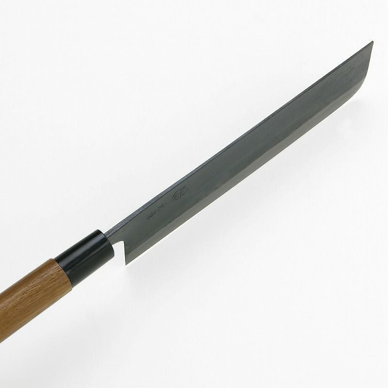 Side profile of Motokane Aogami #1 Nakiri knife showing thin spine and wooden handle