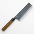 Motokane Aogami #1 Nakiri vegetable knife full view with wooden handle and dark steel blade
