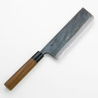 Motokane Aogami #1 Nakiri vegetable knife full view with wooden handle and dark steel blade