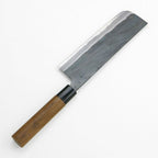 Top-down view of Motokane Aogami #1 Nakiri knife displaying flat rectangular blade and stamp
