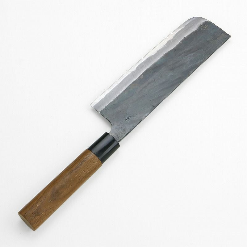 Top-down view of Motokane Aogami #1 Nakiri knife displaying flat rectangular blade and stamp