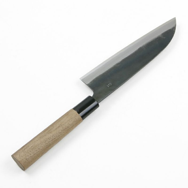 Motokane Santoku knife showing black hammer-forged blade and polished bevel