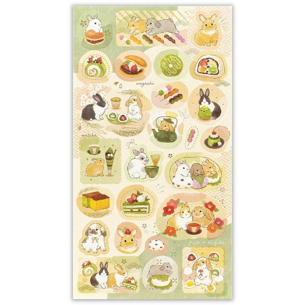 Unpackaged NB sticker sheet featuring lop-eared rabbits and assorted Japanese sweets designs