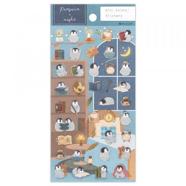 Penguin night-themed sticker sheet on illustrated keepsake backing card