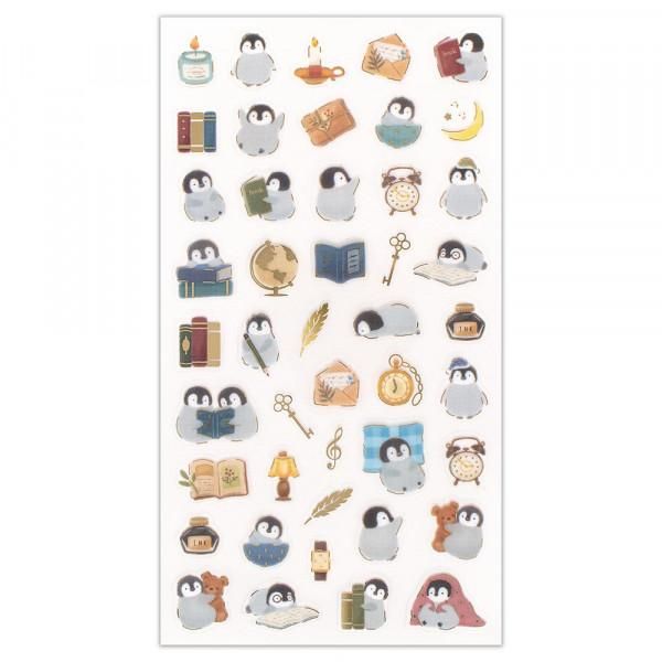NB Mattari Penguin foil sticker sheet with watercolor illustrations on clear PET